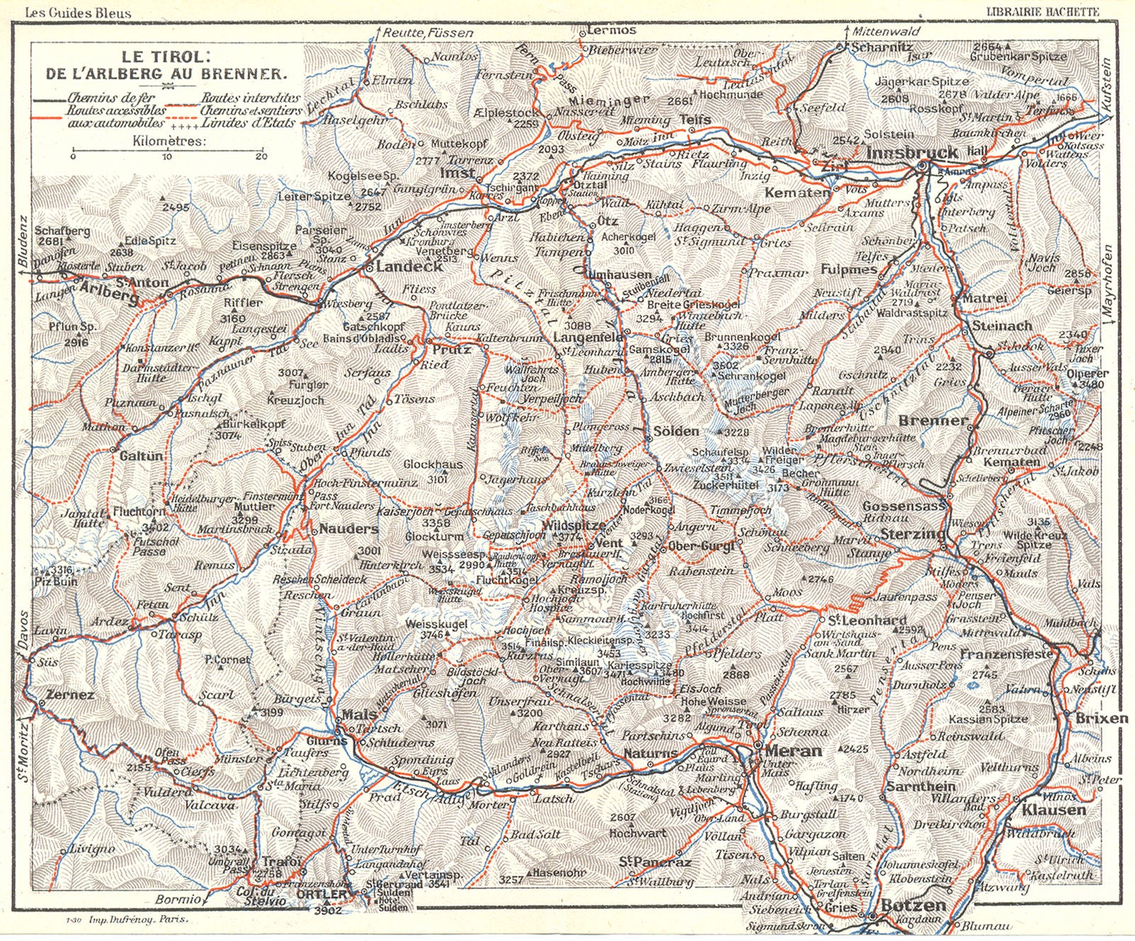AUSTRIA. Tirol de L'Arlberg Brenner 1914 old antique vintage map plan chart